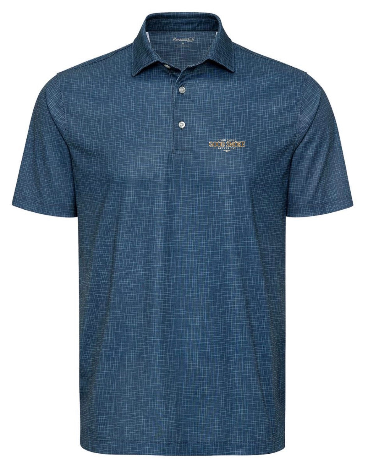 A navy blue crosshatch-patterned premium performance polo shirt, front view, with small left chest text reading 'Good Swing, Good Smoke, Better Day.'