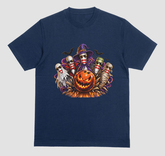 A Midnight blue Halloween bowling t-shirt featuring a graphic of five bowling pins dressed as a ghost, vampire, witch, Frankenstein's monster, and mummy, all wearing sunglasses, behind a glowing jack-o'-lantern bowling ball