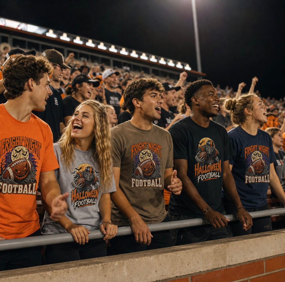 Cheering fans in a night game stadium crowd wearing Halloween football t-shirts: "Fright Night Football" pumpkin football shirts in orange, brown, and navy, and "Halloween Football" skeleton player shirts in grey and black