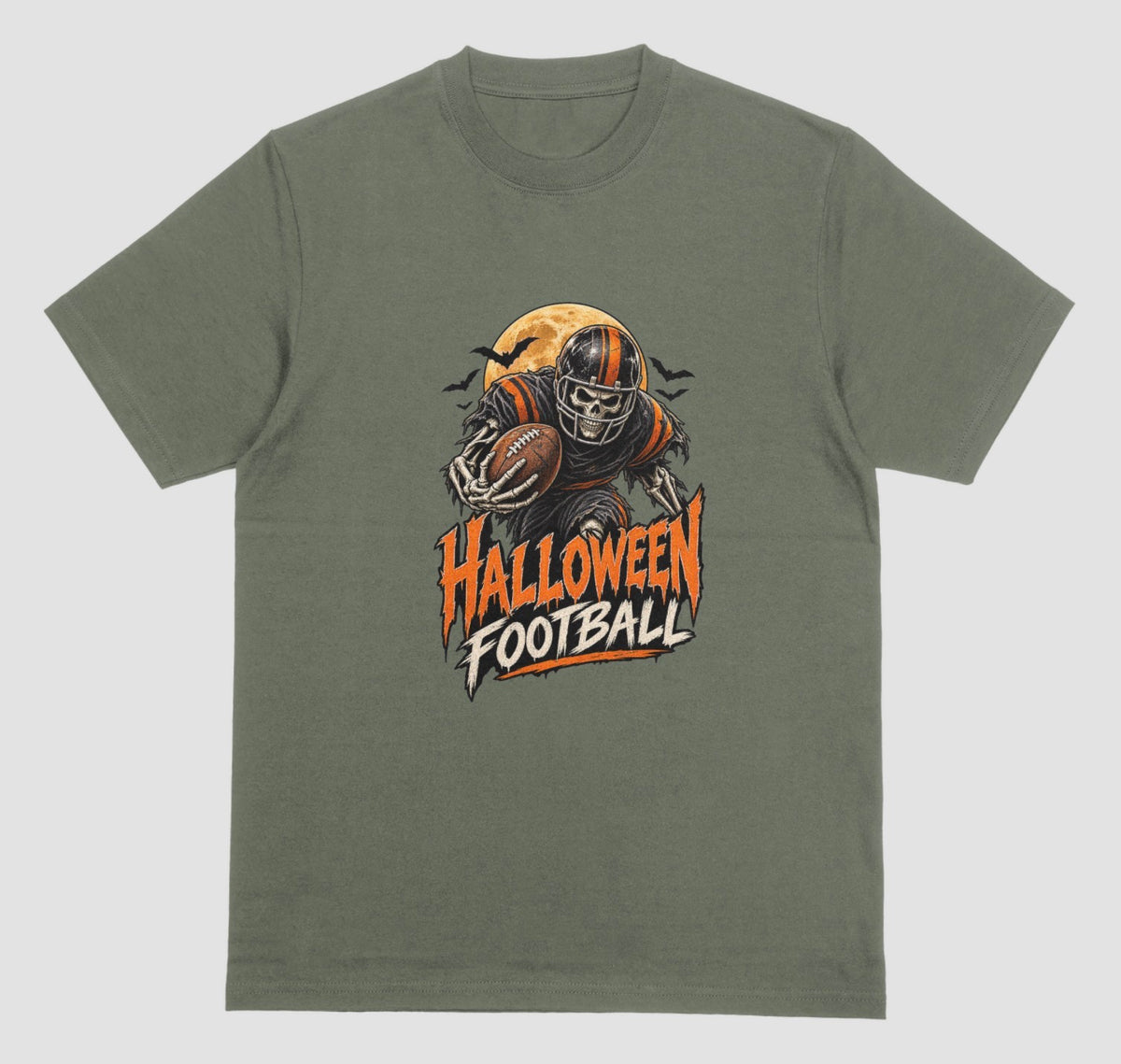 A military green t-shirt reading "Halloween Football" in orange and cream lettering, with a skeleton football player in a striped helmet carrying a football in front of a full moon and bats
