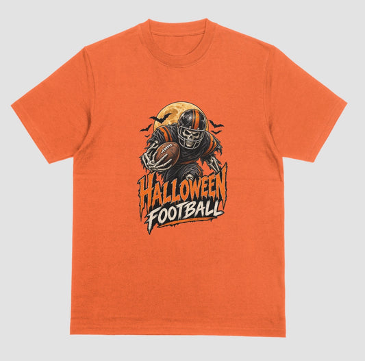 Orange t-shirt reading "Halloween Football" in orange and cream lettering, with a skeleton football player in a striped helmet carrying a football in front of a full moon and bats