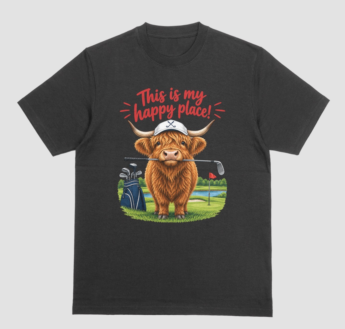 Black — "Highland Cow This Is My Happy Place Golf t-shirt in black with cute highland cow on a golf course"