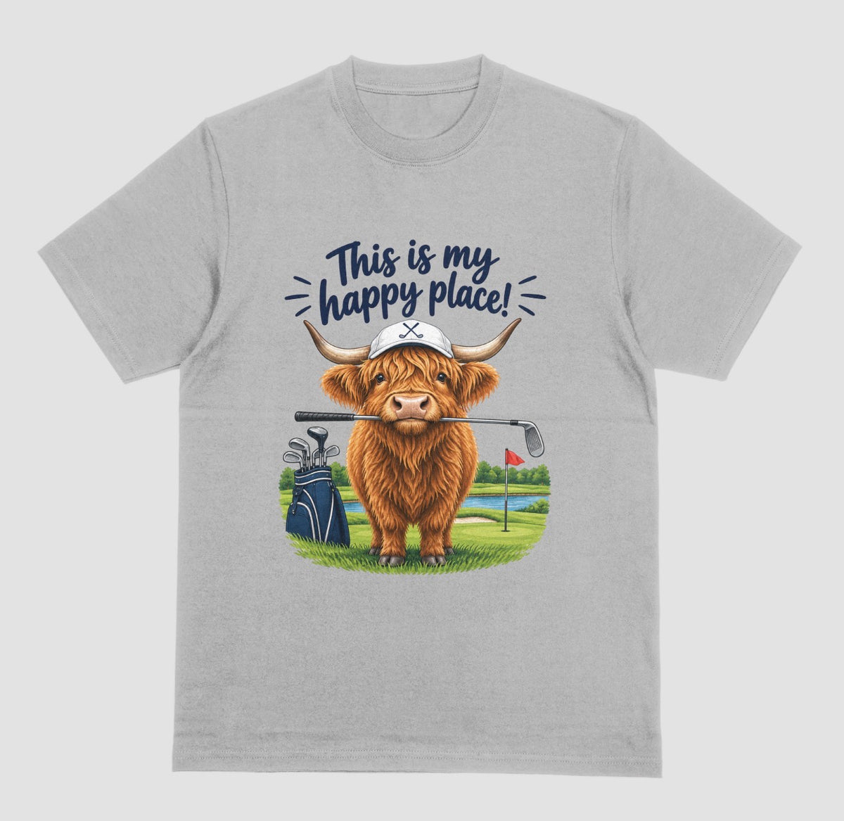 Grey — "Highland Cow This Is My Happy Place Golf t-shirt in grey with cute highland cow on a golf course"