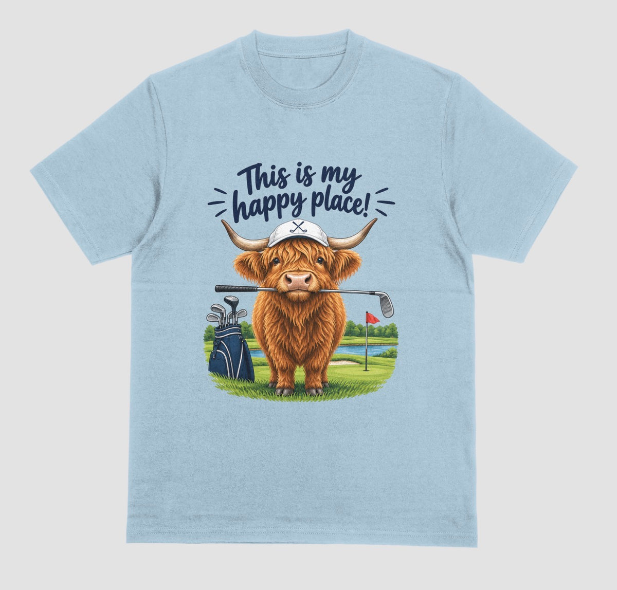 Light Blue — "Highland Cow This Is My Happy Place Golf t-shirt in light blue with cute highland cow on a golf course"