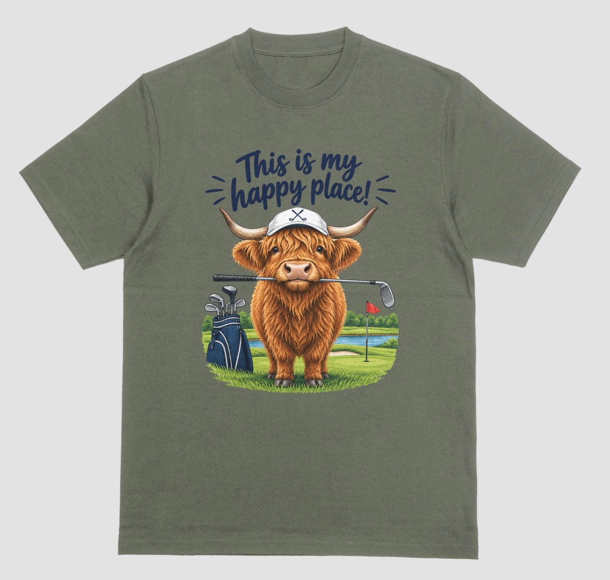 Military Green — "Highland Cow This Is My Happy Place Golf t-shirt in military green with cute highland cow on a golf course"