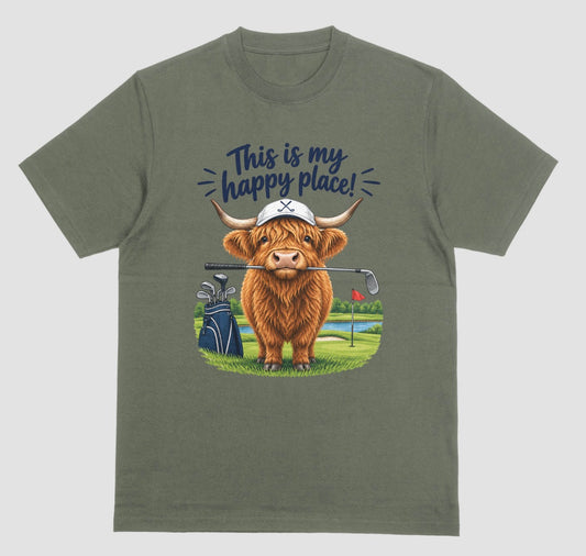 Military Green — "Highland Cow This Is My Happy Place Golf t-shirt in military green with cute highland cow on a golf course"