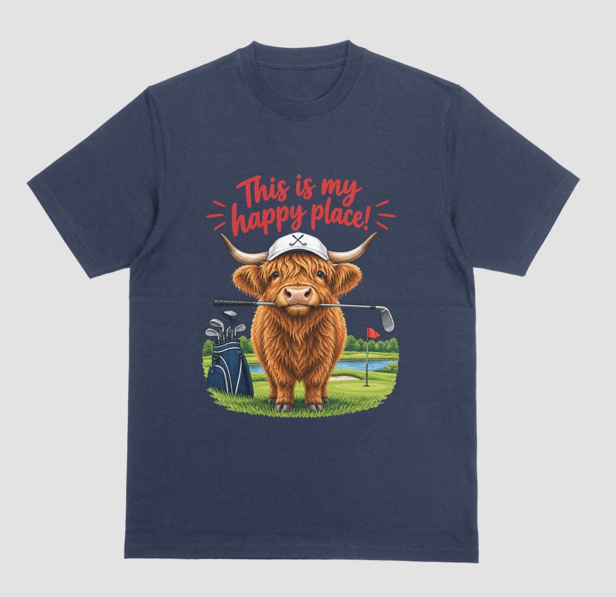 Navy — "Highland Cow This Is My Happy Place Golf t-shirt in navy with cute highland cow on a golf course"