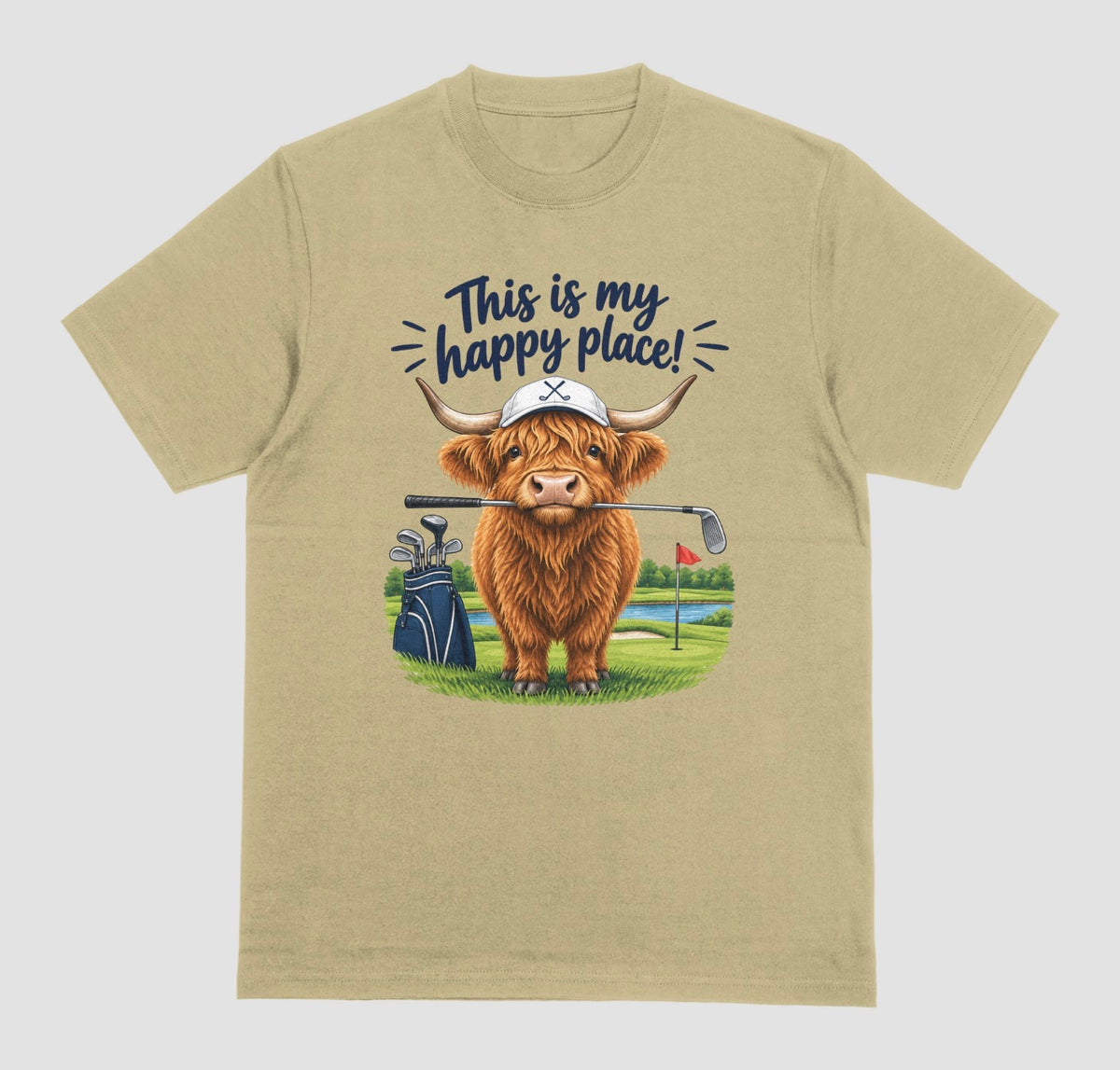 Sand — "Highland Cow This Is My Happy Place Golf t-shirt in sand with cute highland cow on a golf course"