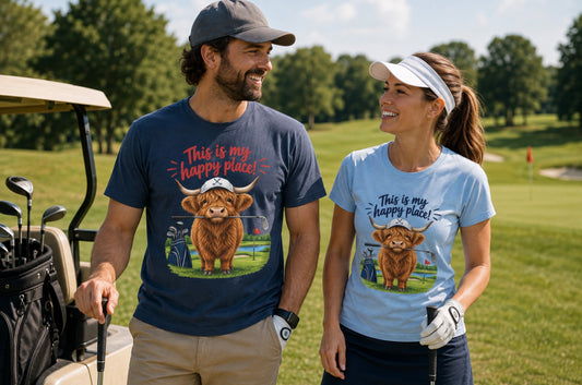 Couple lifestyle — "Couple wearing Highland Cow This Is My Happy Place Golf shirts as a funny golf gift idea"
