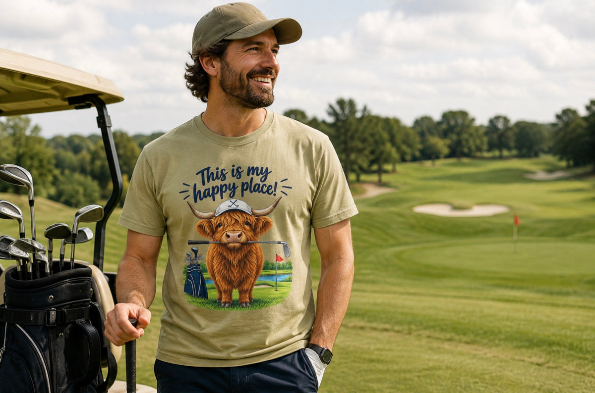Lifestyle Sand — "Highland Cow This Is My Happy Place Golf shirt lifestyle photo in sand color"
