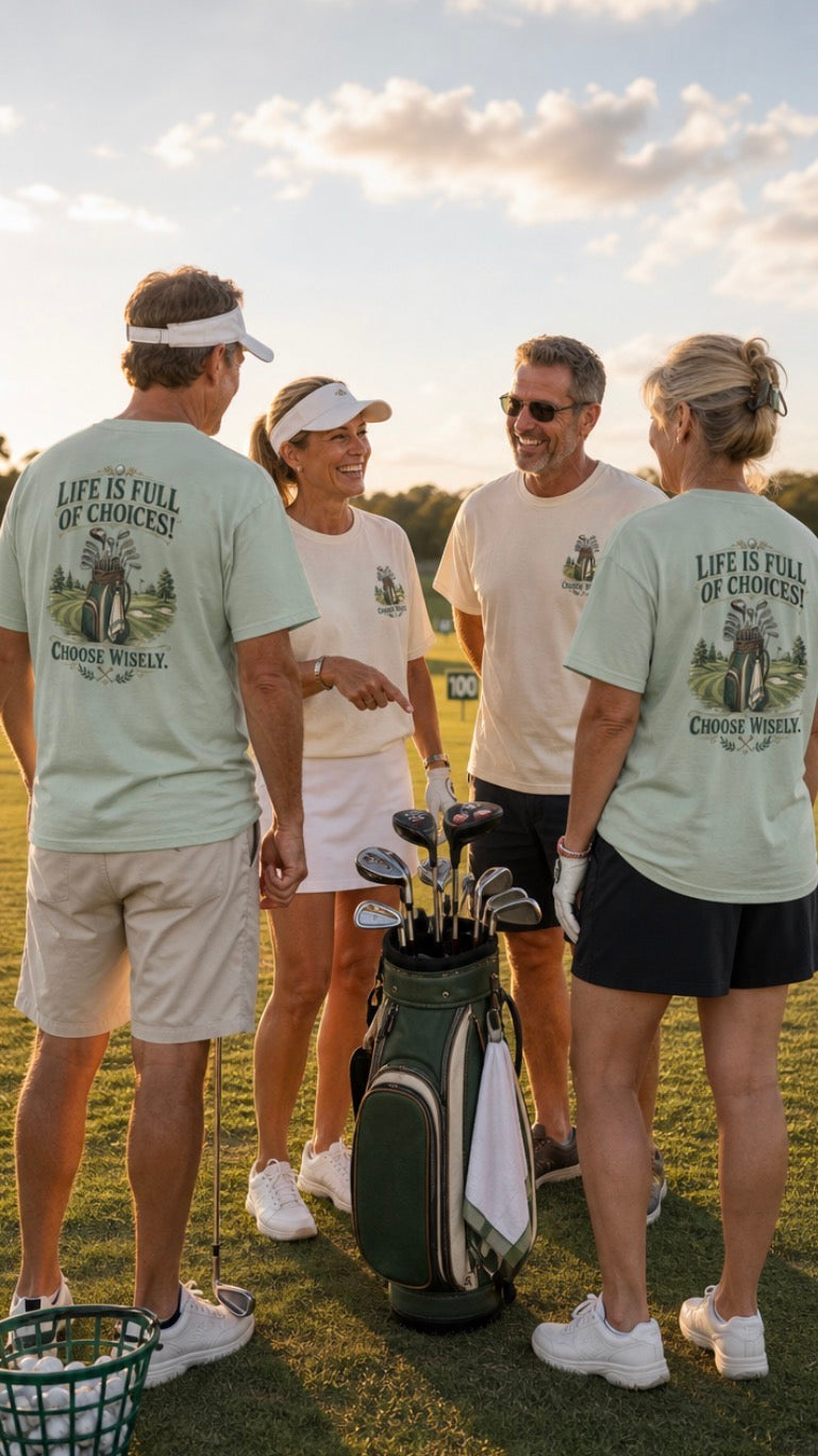 Golfers wearing Life Is Full Of Choices! Choose Wisely T-shirts at a golf driving range