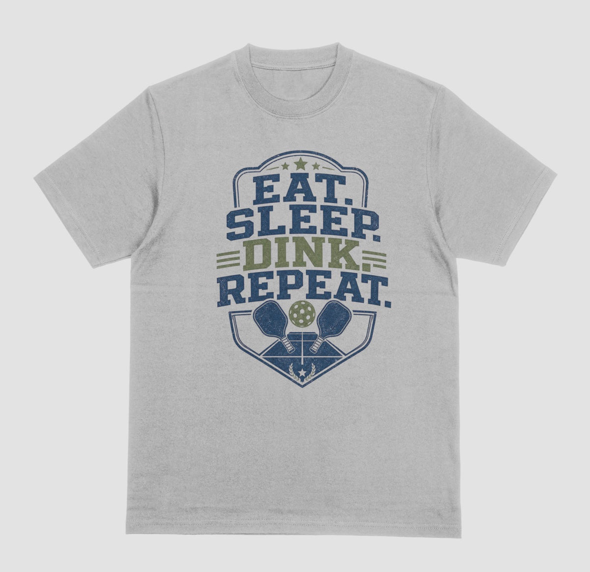A gray crewneck t-shirt featuring a distressed graphic on the front with the text 'EAT. SLEEP. DINK. REPEAT.'