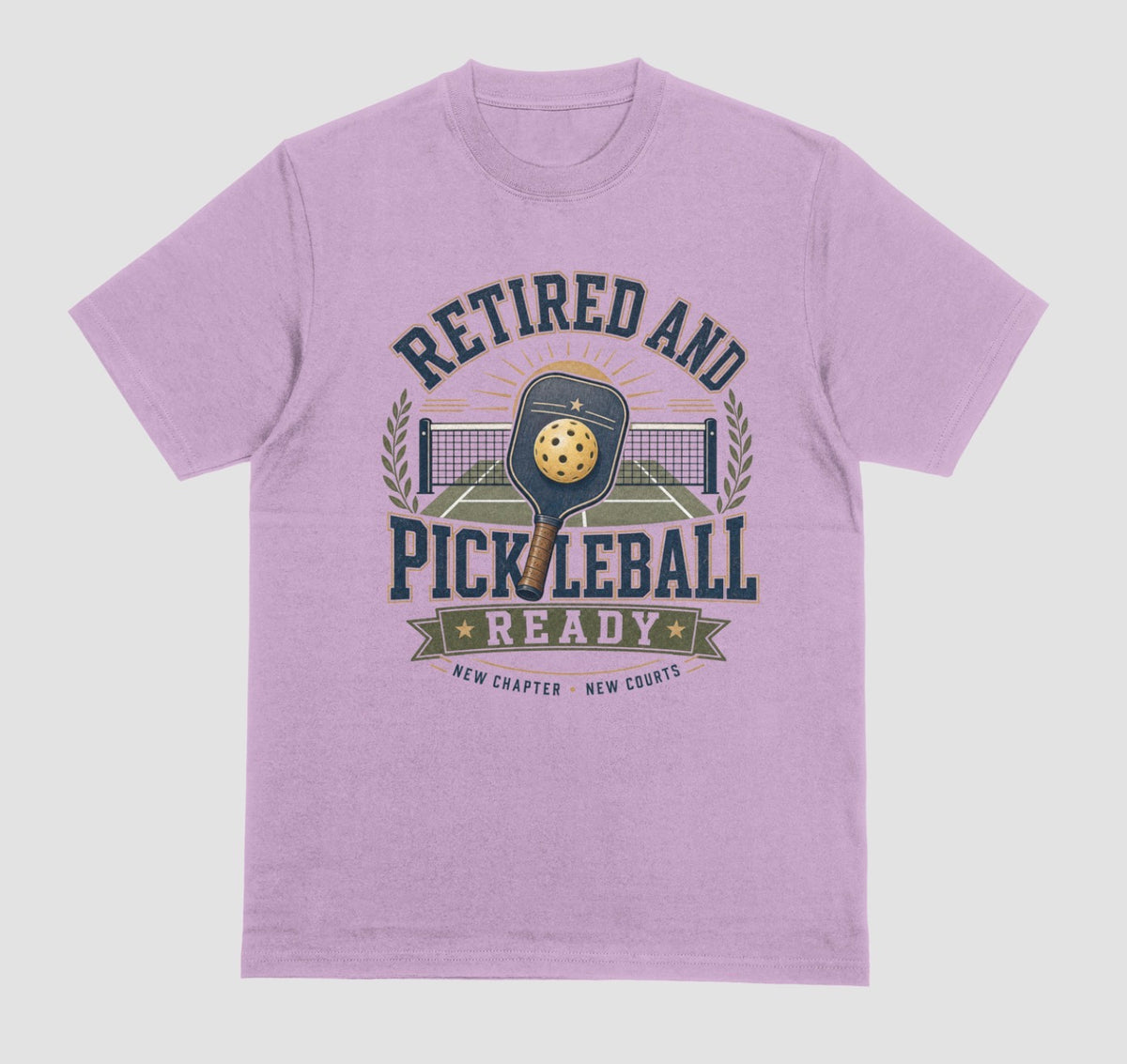 A lilac crewneck t-shirt with the saying 'RETIRED AND PICKLEBALL READY' with a pickleball and paddle displayed with a vintage style.