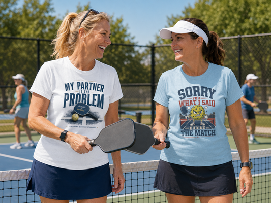 Two women on a pickleball court wearing graphic t-shirts. The woman on the left wears a white t-shirt that says 'MY PARTNER IS THE PROBLEM' in navy blue. the woman on the right is wearing a light blue t-shirt that says 'SORRY for What I Said During The Match'
