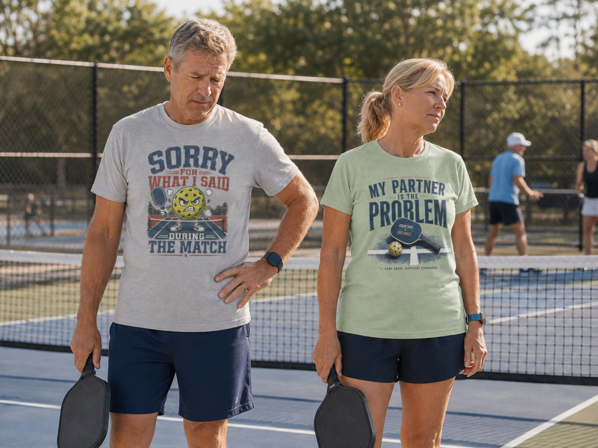 A man and a woman standing on a pickleball court wearing graphic t-shirts. The man's light gray t-shirt reads 'SORRY FOR WHAT I SAID DURING THE MATCH' with a pickleball graphic, and the woman's light green t-shirt reads 'MY PARTNER IS THE PROBLEM' with a pickleball graphic.