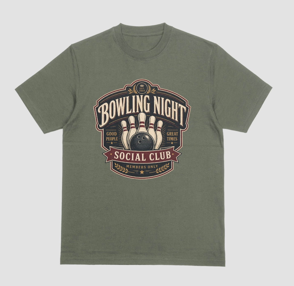 An military green crewneck t-shirt featuring a vintage-style bowling graphic on the chest that reads 'BOWLING NIGHT SOCIAL CLUB'.