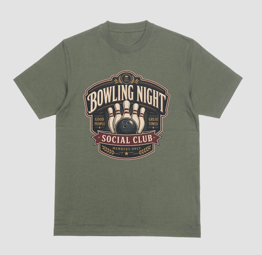 An military green crewneck t-shirt featuring a vintage-style bowling graphic on the chest that reads 'BOWLING NIGHT SOCIAL CLUB'.