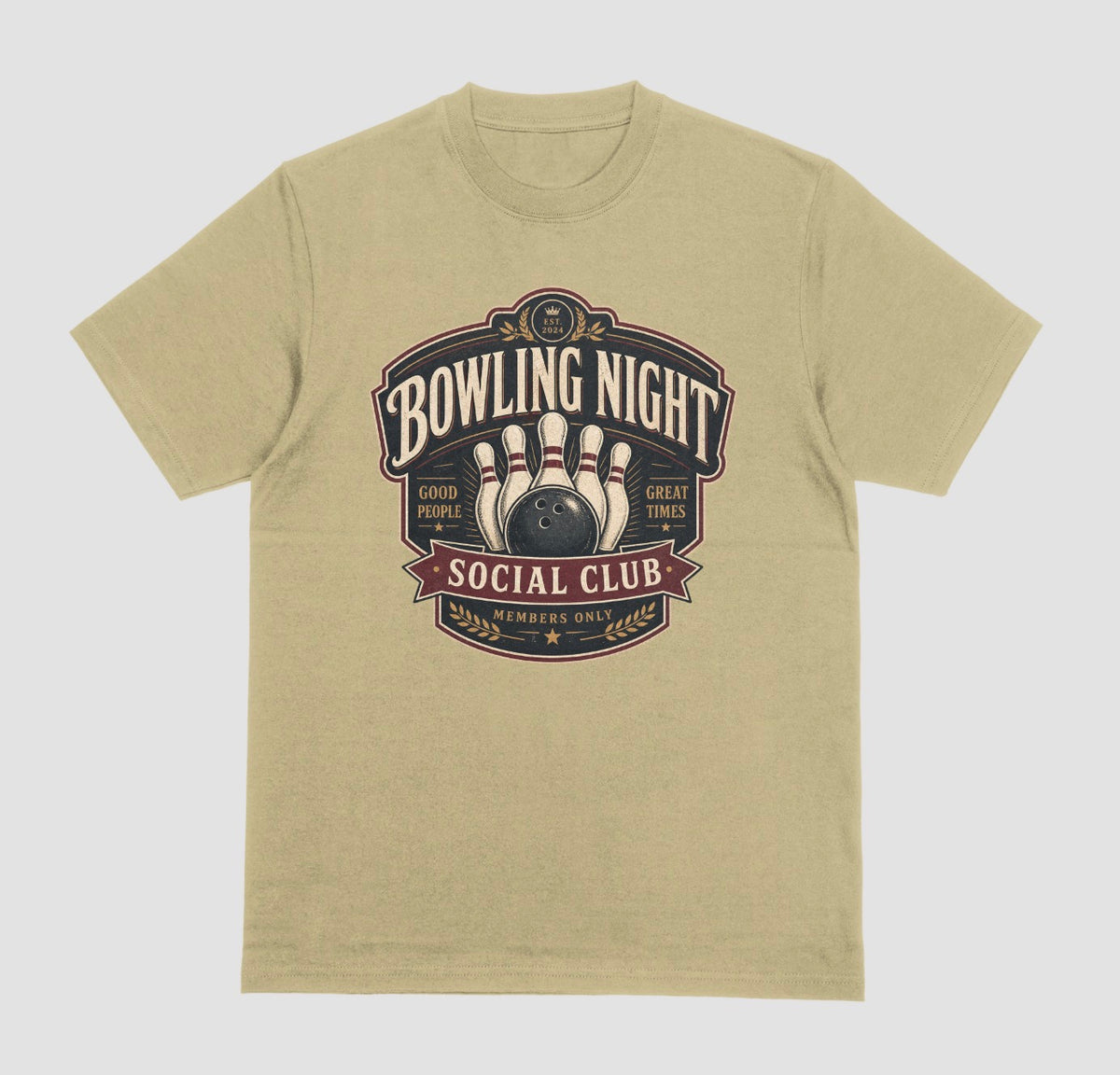A Prairie Dust crewneck t-shirt featuring a vintage-style bowling graphic on the chest that reads 'BOWLING NIGHT SOCIAL CLUB'.
