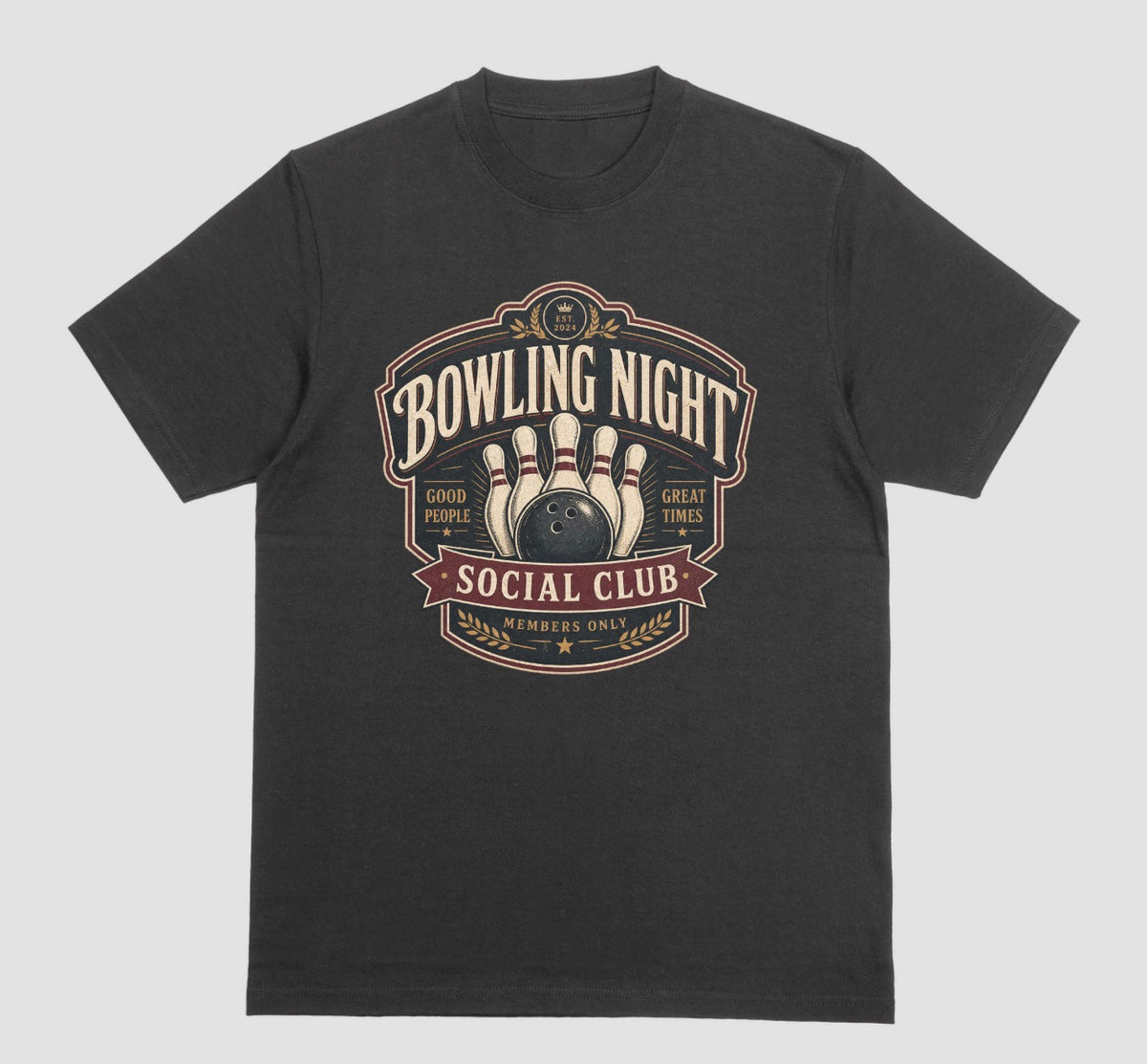 A black crewneck t-shirt featuring a vintage-style bowling graphic on the chest that reads 'BOWLING NIGHT SOCIAL CLUB'.