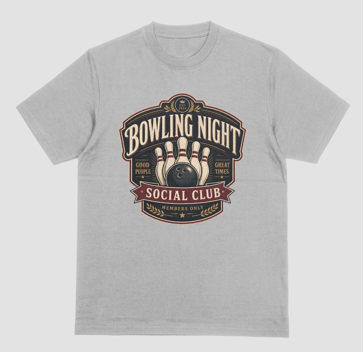 A light gray crewneck t-shirt featuring a retro bowling-themed graphic on the chest that reads 'BOWLING NIGHT SOCIAL CLUB MEMBER ONLY' with illustrations of bowling pins and a ball.