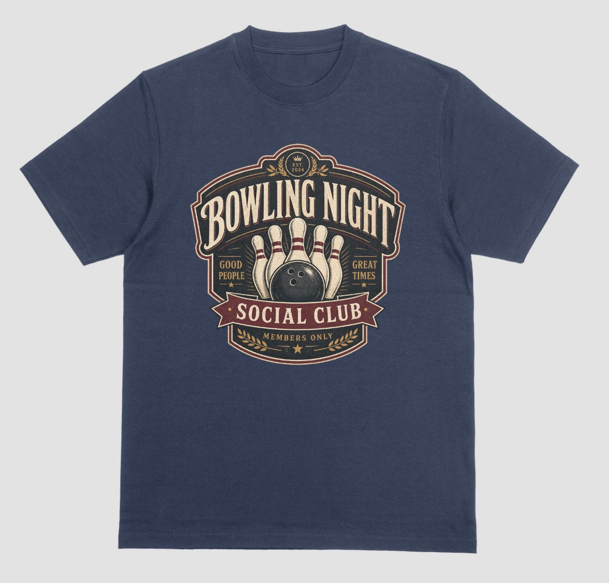 A navy blue crewneck t-shirt featuring a vintage-style bowling graphic on the chest that reads 'BOWLING NIGHT SOCIAL CLUB'.