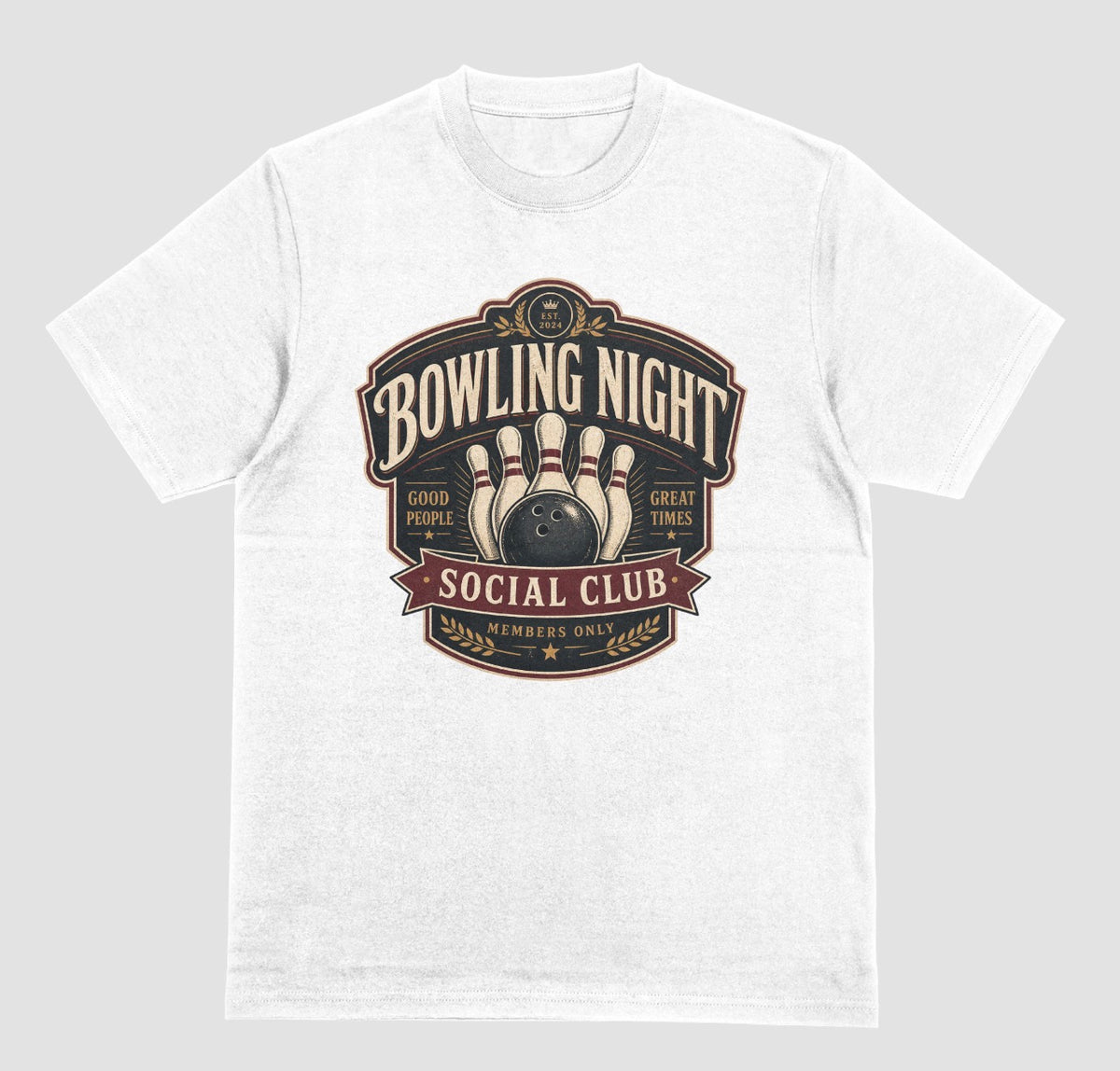 A white short-sleeve crewneck t-shirt with a vintage-style bowling graphic on the chest that reads 'BOWLING NIGHT SOCIAL CLUB' with bowling pins and a bowling ball.