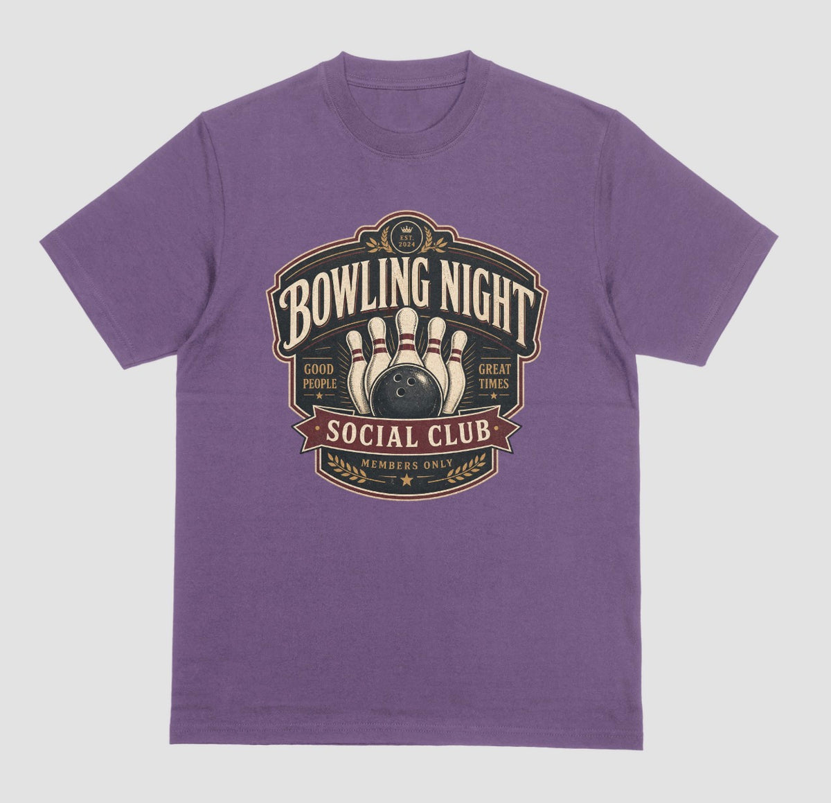 A purple crewneck t-shirt featuring a vintage-style bowling graphic on the chest that reads 'BOWLING NIGHT SOCIAL CLUB'.