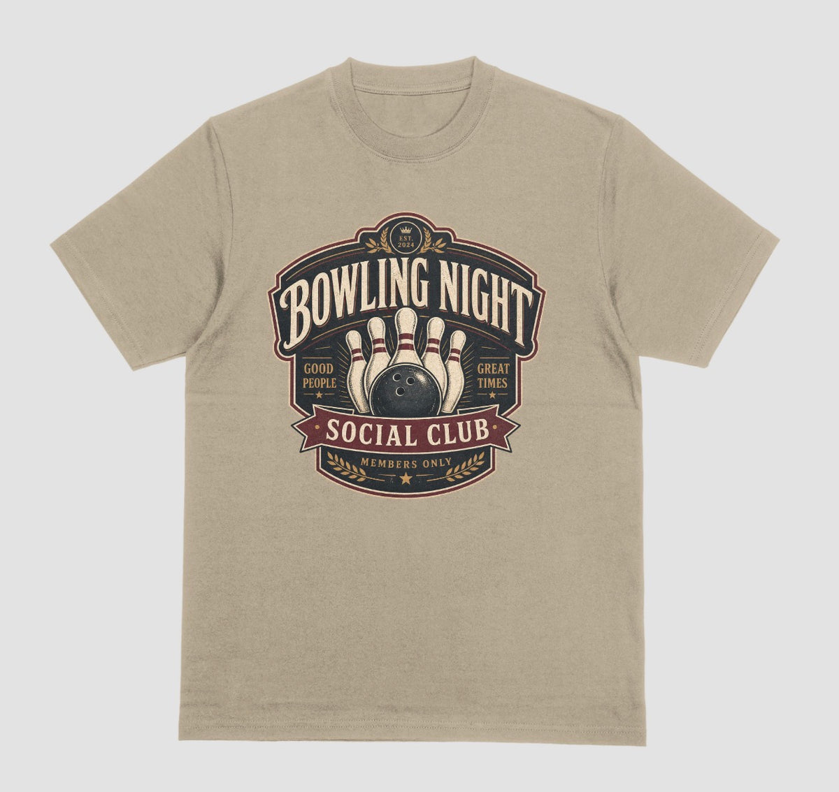 A sand color crewneck t-shirt featuring a vintage-style bowling graphic on the chest that reads 'BOWLING NIGHT SOCIAL CLUB'.