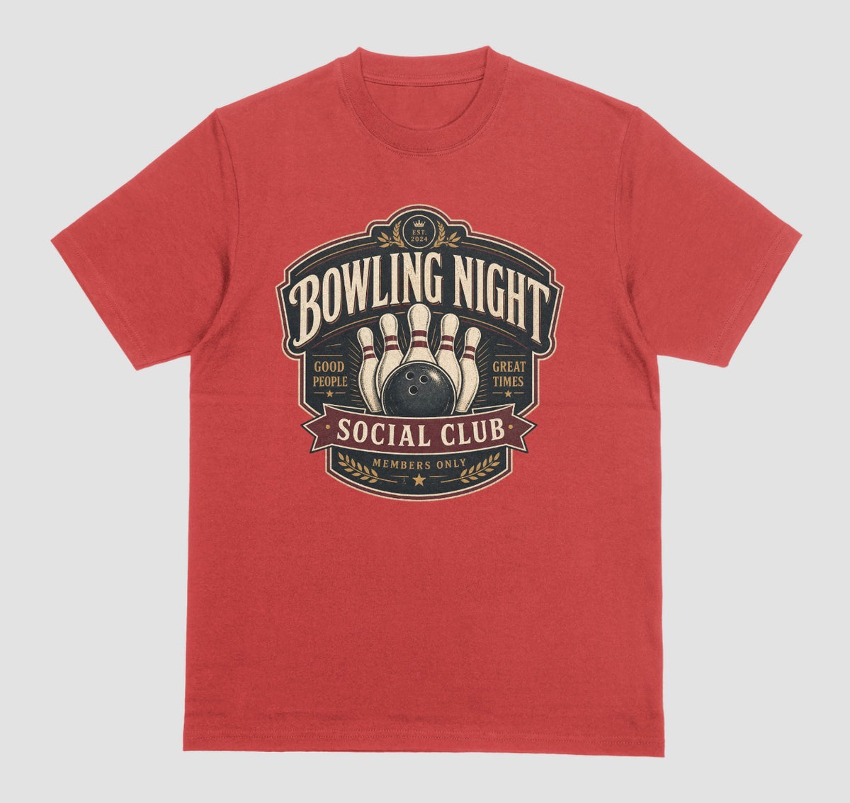 A heather red short-sleeve t-shirt with a vintage bowling-themed graphic on the chest reading 'BOWLING NIGHT SOCIAL CLUB' with bowling pins and a bowling ball illustration.