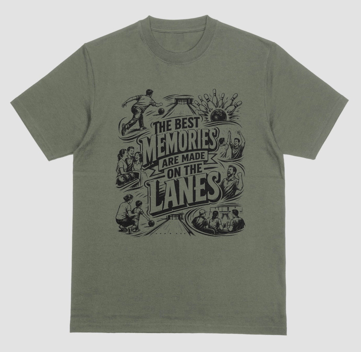 A military green crewneck short sleeve t-shirt featuring a fun bowling doodle design The Best Memories Are Made on the Lanes bowling T-shirt  | Where We Play Apparel