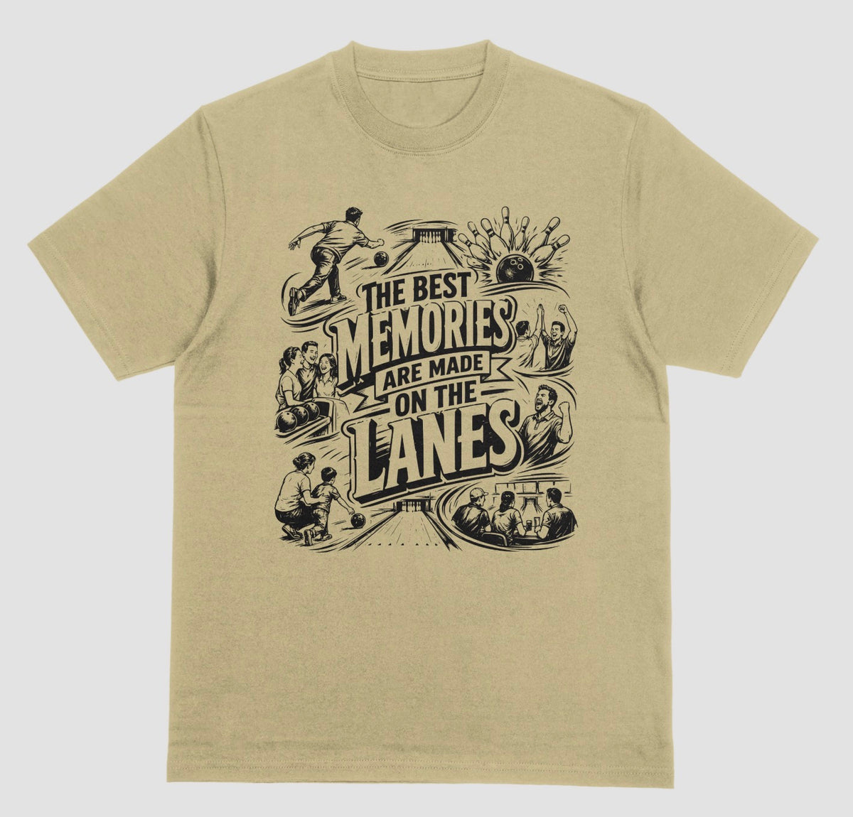 A sand color crewneck short sleeve t-shirt featuring a fun bowling doodle design The Best Memories Are Made on the Lanes bowling T-shirt  | Where We Play Apparel