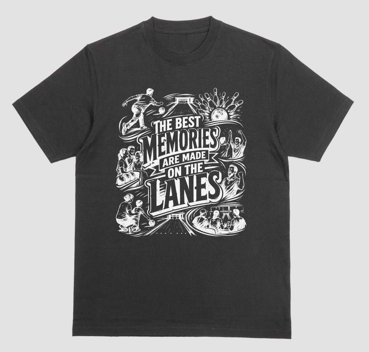 A black crewneck short sleeve t-shirt featuring a fun bowling doodle design The Best Memories Are Made on the Lanes bowling T-shirt  | Where We Play Apparel