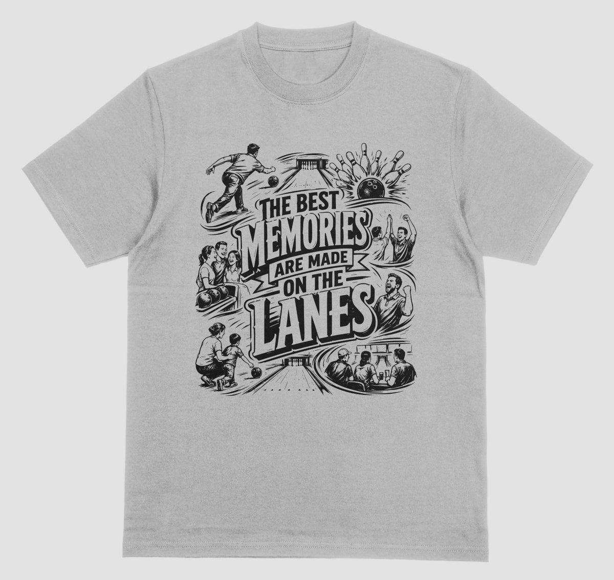 A light grey crewneck short sleeve t-shirt featuring a fun bowling doodle design The Best Memories Are Made on the Lanes bowling T-shirt  | Where We Play Apparel