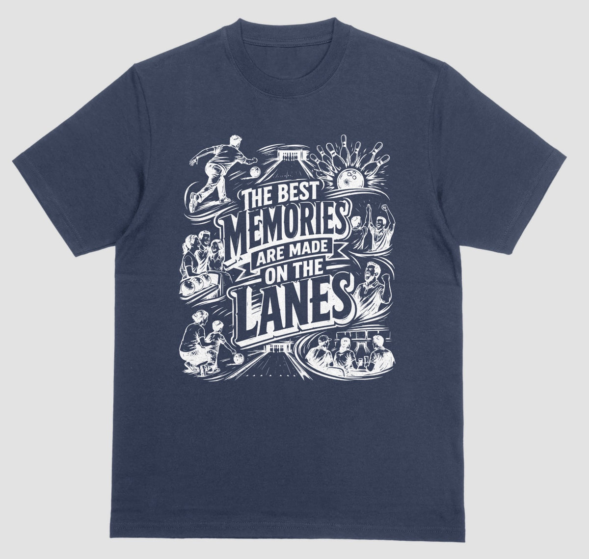 A navy blue crewneck short sleeve t-shirt featuring a fun bowling doodle design The Best Memories Are Made on the Lanes bowling T-shirt  | Where We Play Apparel