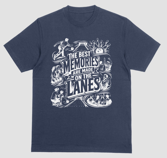 A navy blue crewneck short sleeve t-shirt featuring a fun bowling doodle design The Best Memories Are Made on the Lanes bowling T-shirt  | Where We Play Apparel