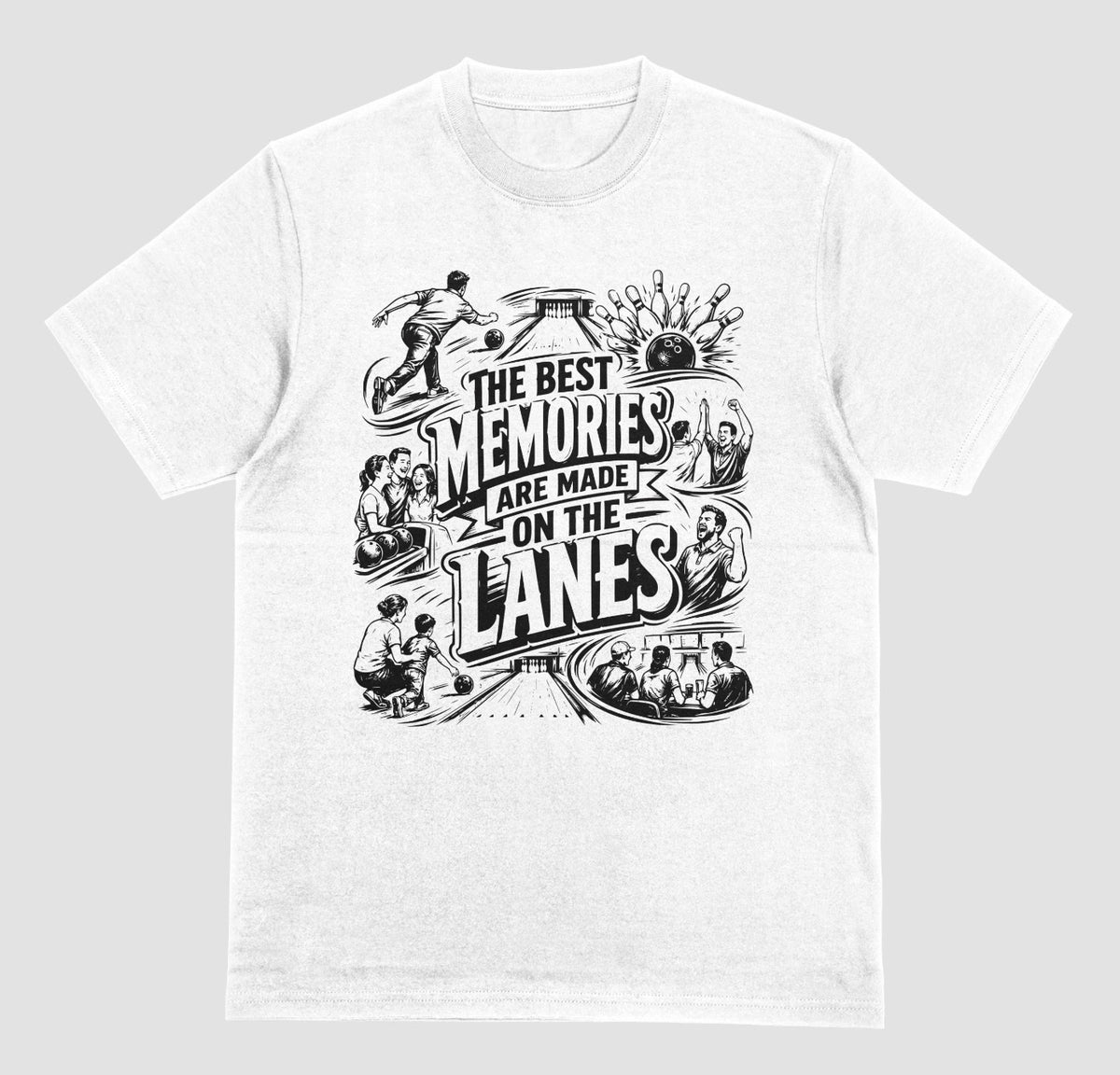 A white crewneck short sleeve t-shirt featuring a fun bowling doodle design The Best Memories Are Made on the Lanes bowling T-shirt  | Where We Play Apparel