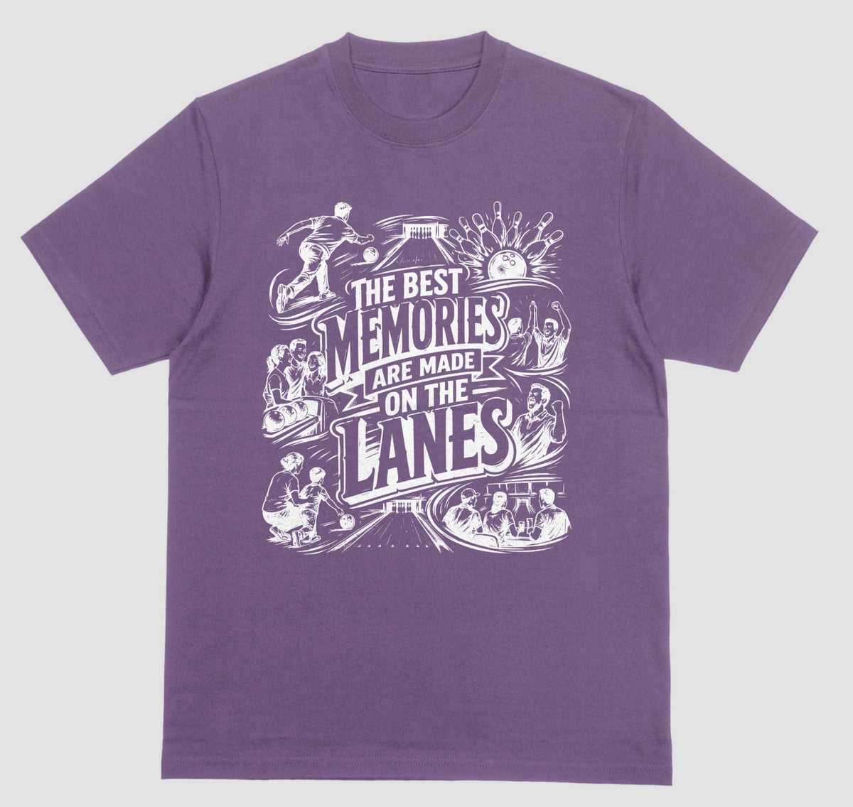 A purple crewneck short sleeve t-shirt featuring a fun bowling doodle design The Best Memories Are Made on the Lanes bowling T-shirt  | Where We Play Apparel