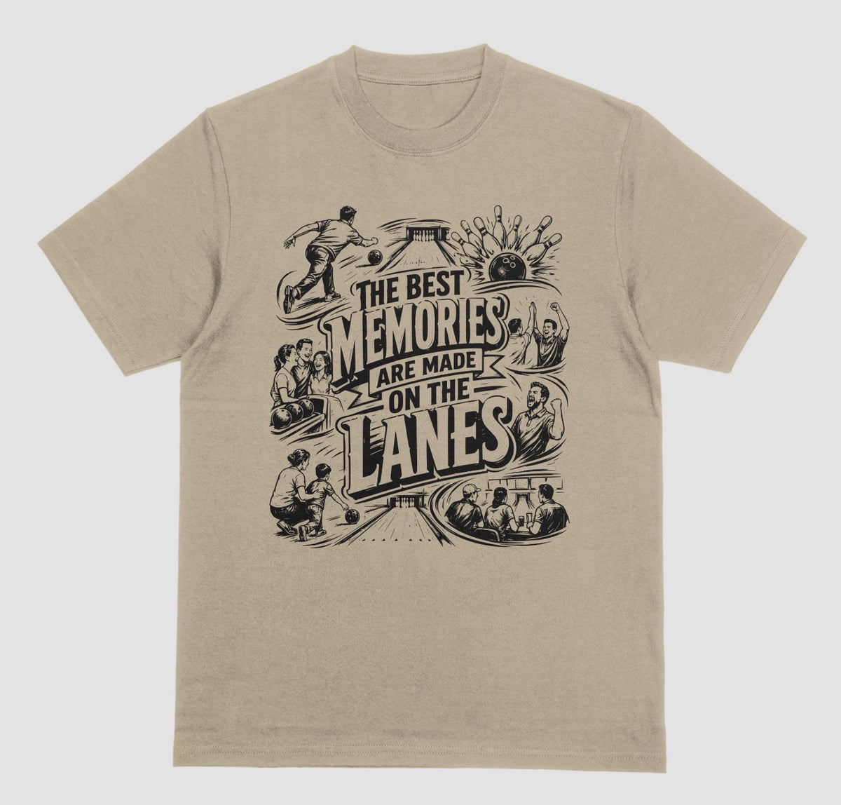 A prairie dust crewneck short sleeve t-shirt featuring a fun bowling doodle design The Best Memories Are Made on the Lanes bowling T-shirt  | Where We Play Apparel