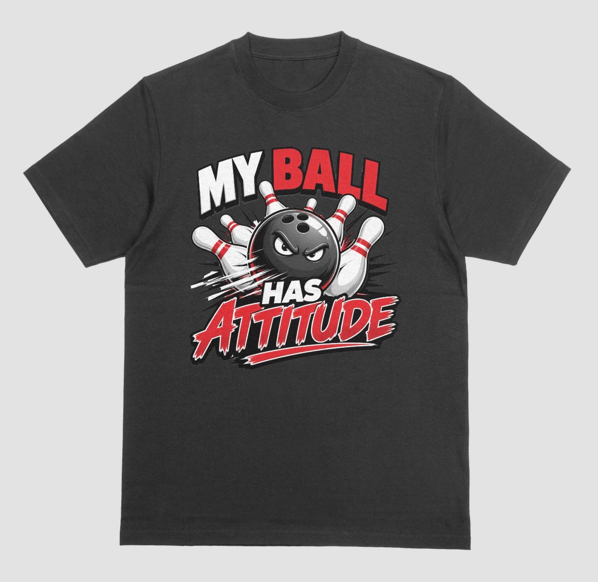 A black short-sleeve t-shirt with a bowling-themed graphic that reads 'MY BALL HAS ATTITUDE' in red and white lettering, featuring a playful bowling design | Where We Play Apparel