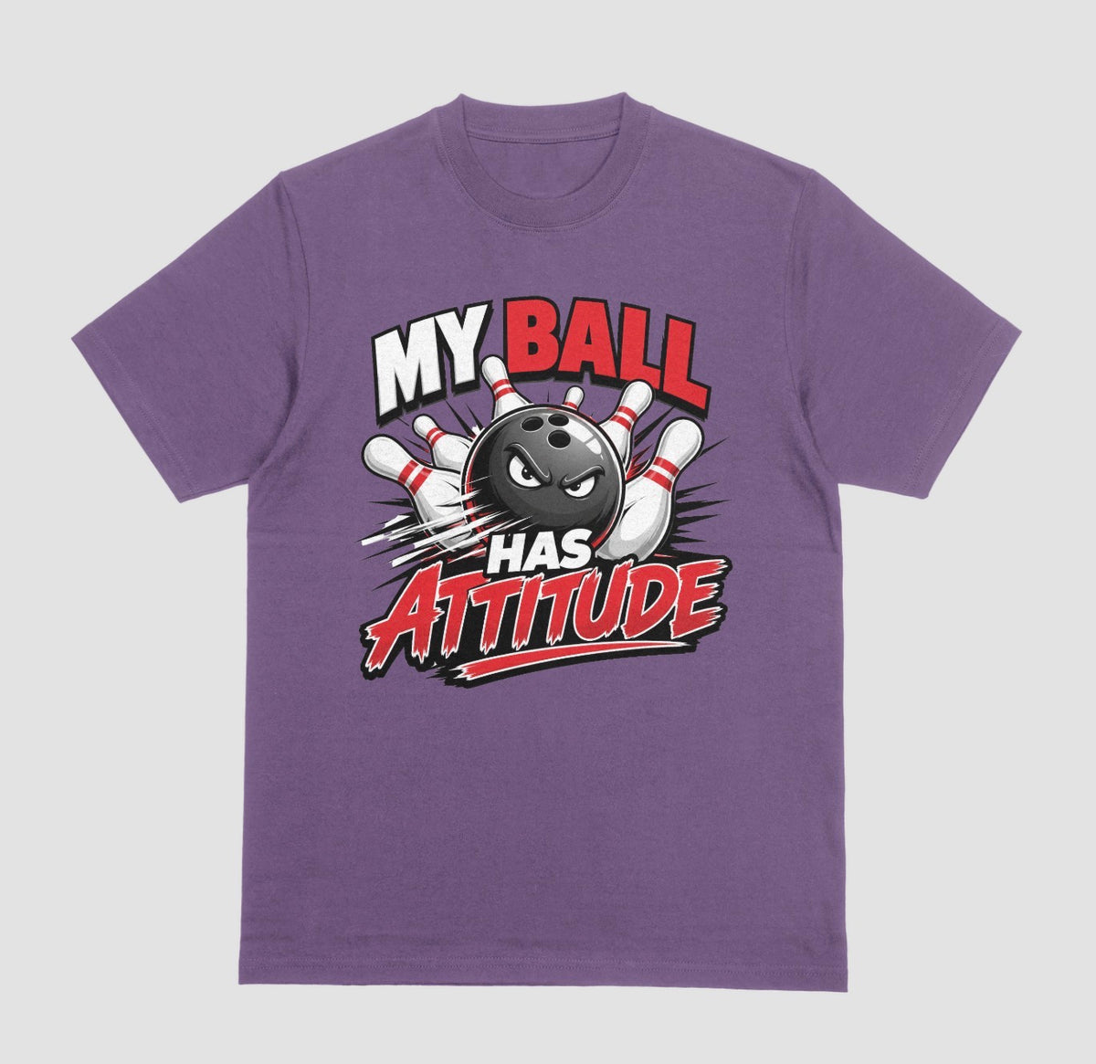 A purple short-sleeve t-shirt with a bowling-themed graphic that reads 'MY BALL HAS ATTITUDE' in red and white lettering, featuring a playful bowling design | Where We Play Apparel