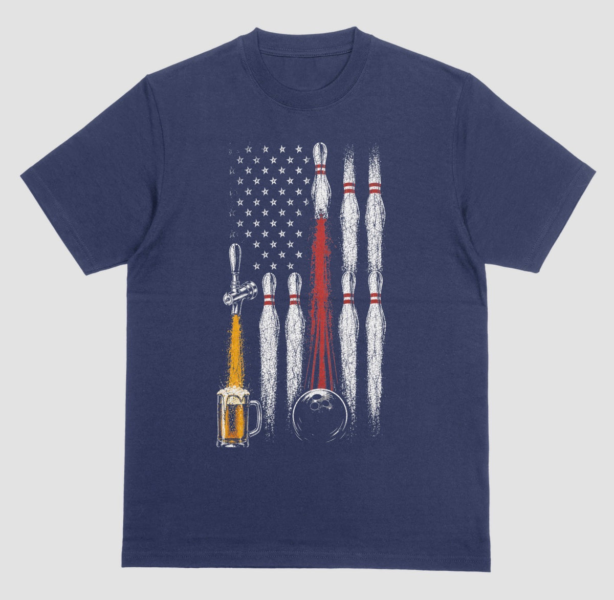 A navy blue short-sleeve crewneck t-shirt featuring a bowling-themed graphic print on the front. The graphic depicts bowling pins arranged in a distressed American flag pattern with a beer tap pouring golden beer into a glass mug and a bowling ball about to travel to the pin.