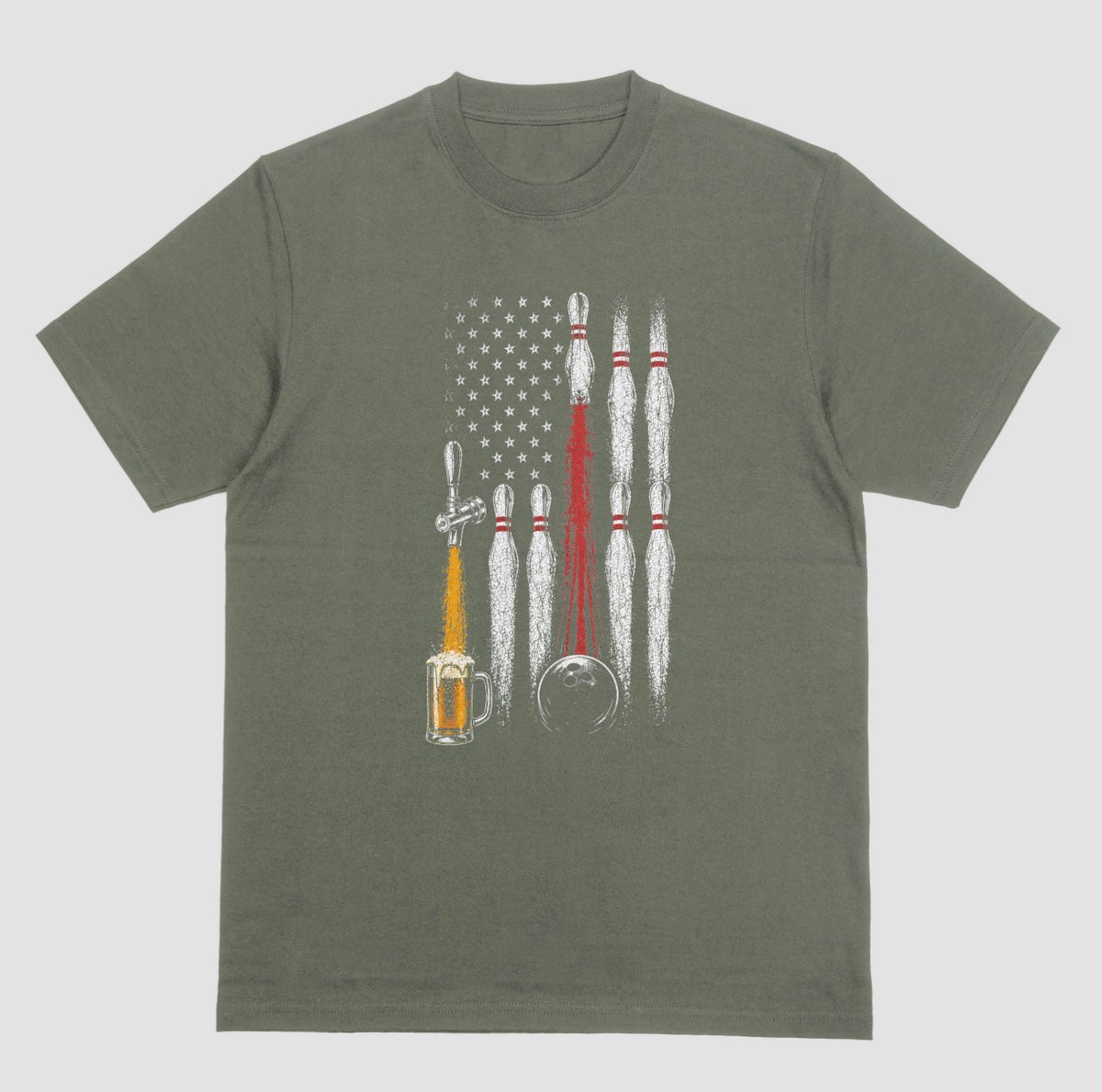 A military green short-sleeve crewneck t-shirt featuring a bowling-themed graphic print on the front. The graphic depicts bowling pins arranged in a distressed American flag pattern with a beer tap pouring golden beer into a glass mug and a bowling ball about to travel to the pin.