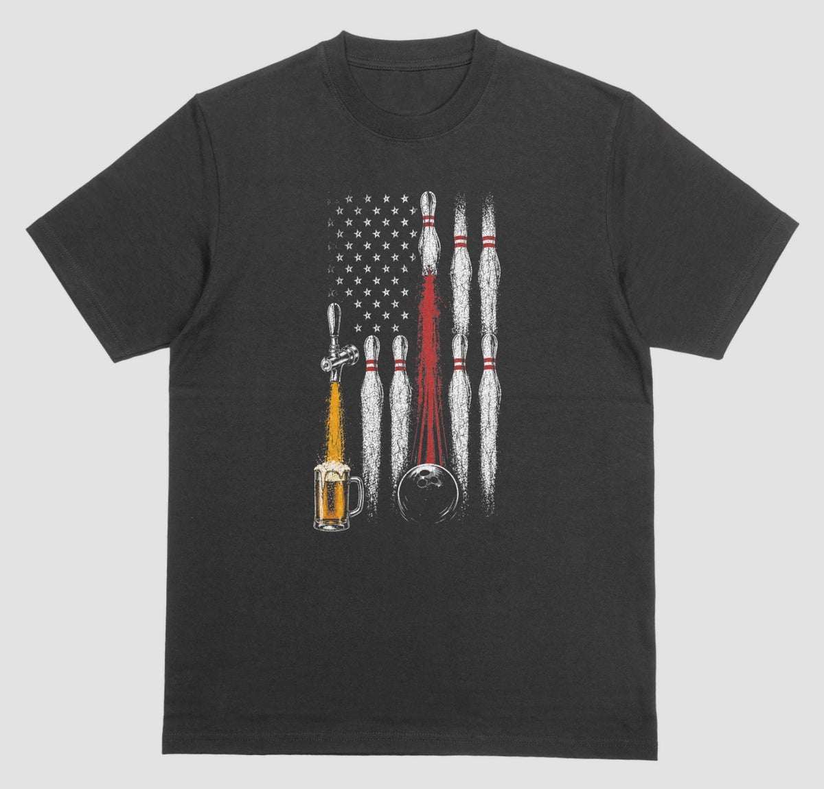 A black short-sleeve crewneck t-shirt featuring a bowling-themed graphic print on the front. The graphic depicts bowling pins arranged in a distressed American flag pattern with a beer tap pouring golden beer into a glass mug and a bowling ball about to travel to the pin.