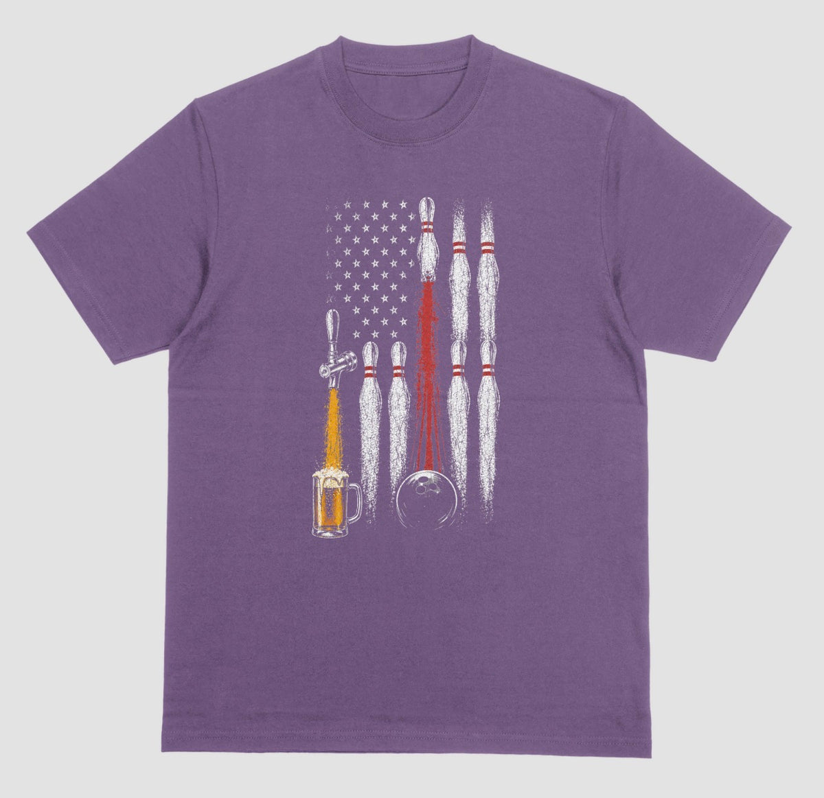 A purple short-sleeve crewneck t-shirt featuring a bowling-themed graphic print on the front. The graphic depicts bowling pins arranged in a distressed American flag pattern with a beer tap pouring golden beer into a glass mug and a bowling ball about to travel to the pin.