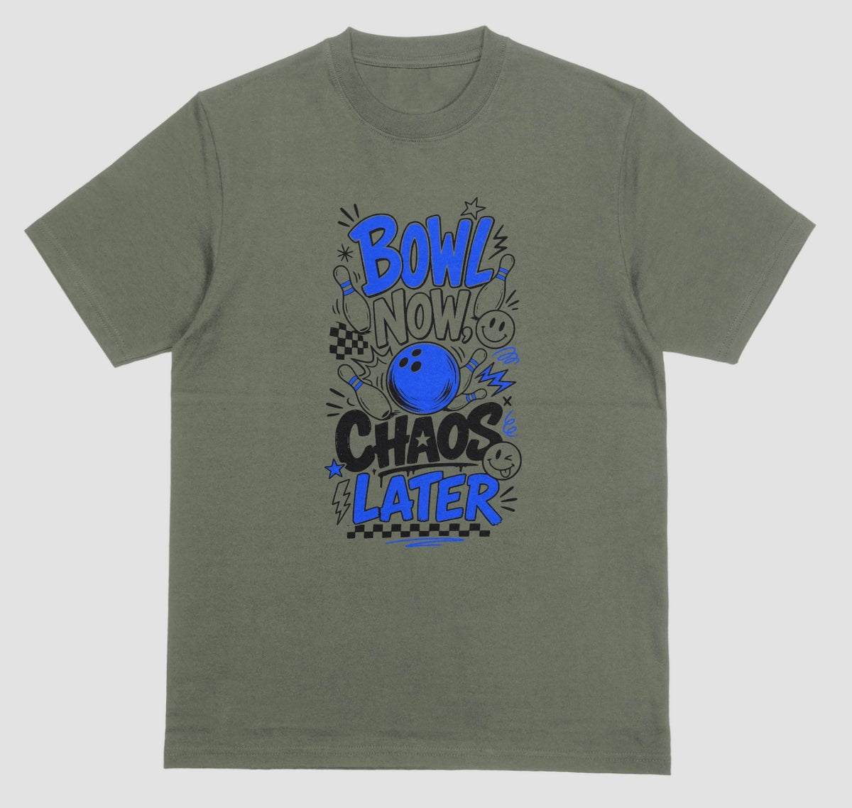 A military green short-sleeve crewneck t-shirt featuring a playful bowling doodle design on the front with the text 'BOWL NOW CHAOS LATER' | Where We Play Apparel