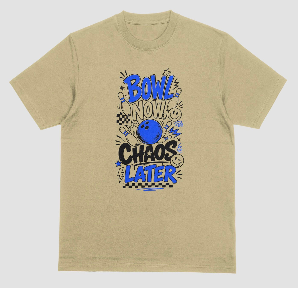 A sand color short-sleeve crewneck t-shirt featuring a playful bowling doodle design on the front with the text 'BOWL NOW CHAOS LATER' | Where We Play Apparel