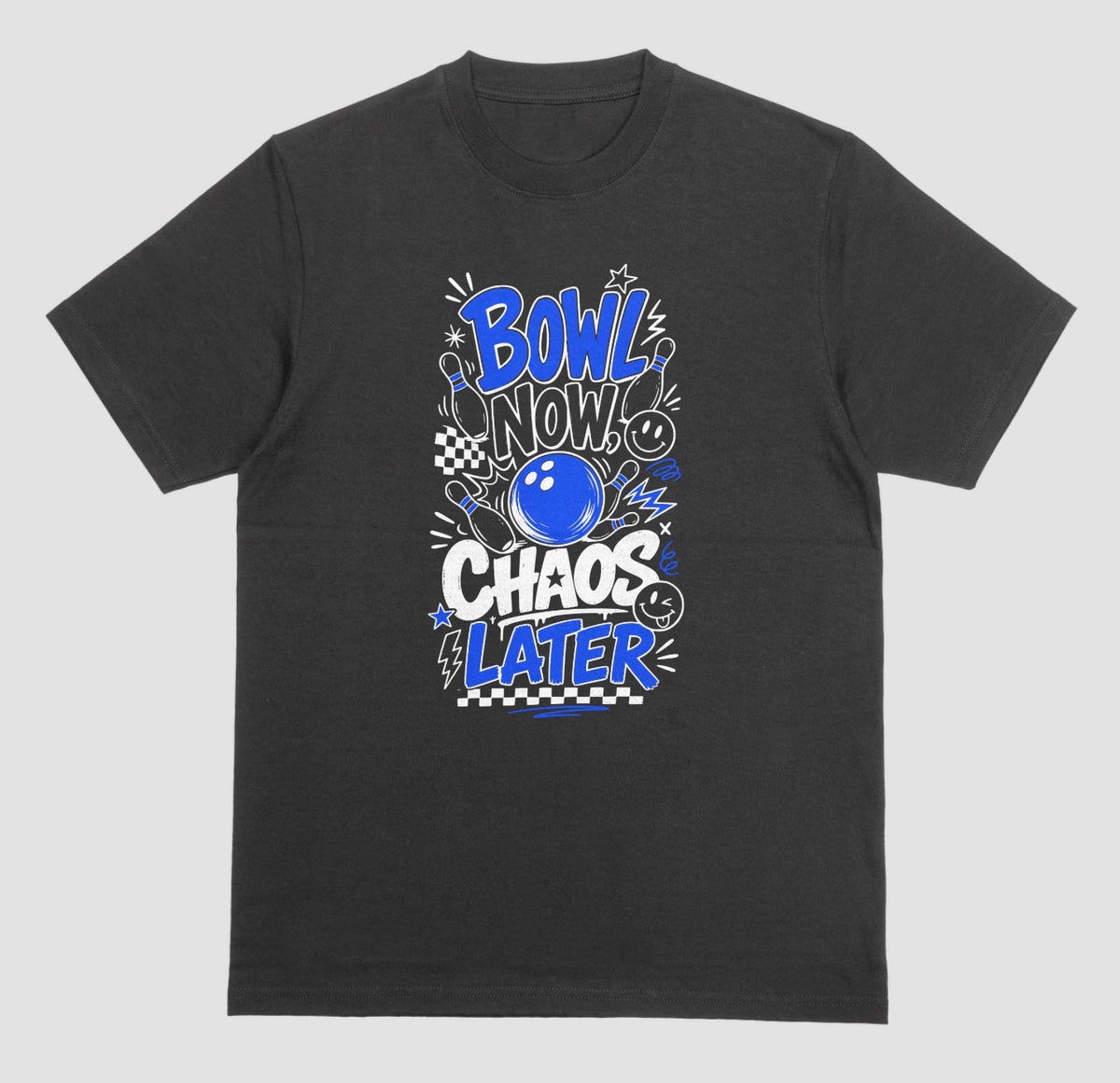A black short-sleeve crewneck t-shirt featuring a playful bowling doodle design on the front with the text 'BOWL NOW CHAOS LATER' | Where We Play Apparel
