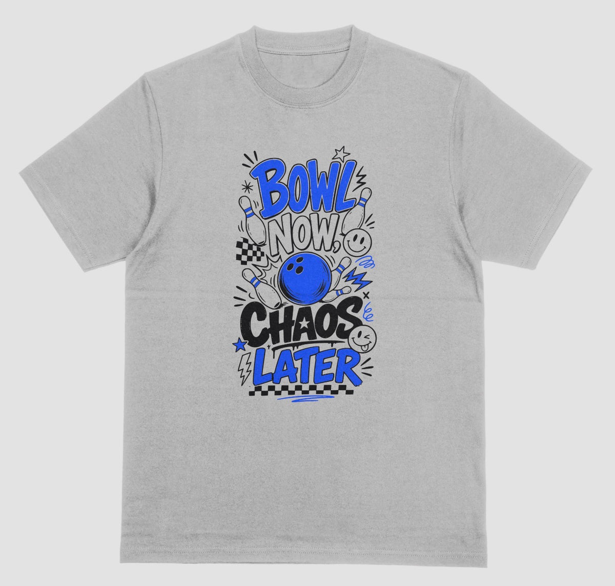 A light gray short-sleeve crewneck t-shirt featuring a playful bowling doodle design on the front with the text 'BOWL NOW CHAOS LATER' | Where We Play Apparel