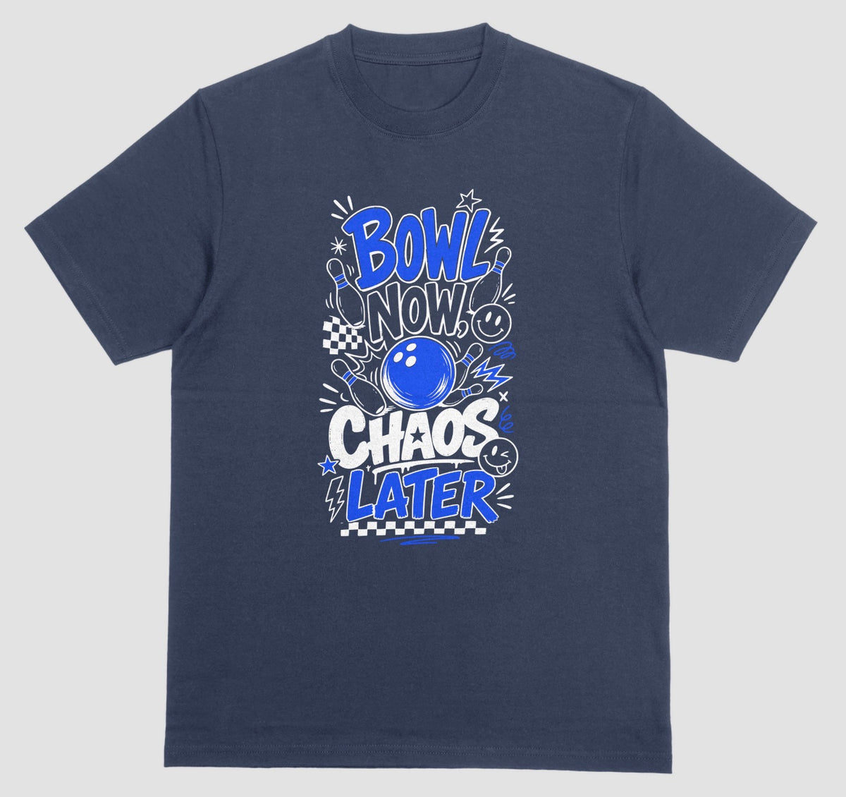 A navy blue short-sleeve crewneck t-shirt featuring a playful bowling doodle design on the front with the text 'BOWL NOW CHAOS LATER' | Where We Play Apparel