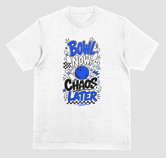 A white short-sleeve crewneck t-shirt featuring a playful bowling doodle design on the front with the text 'BOWL NOW CHAOS LATER' | Where We Play Apparel